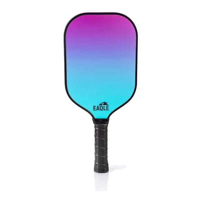 Eaqle Power pickleball paddle met een paars en blauw design op een egale achtergrond